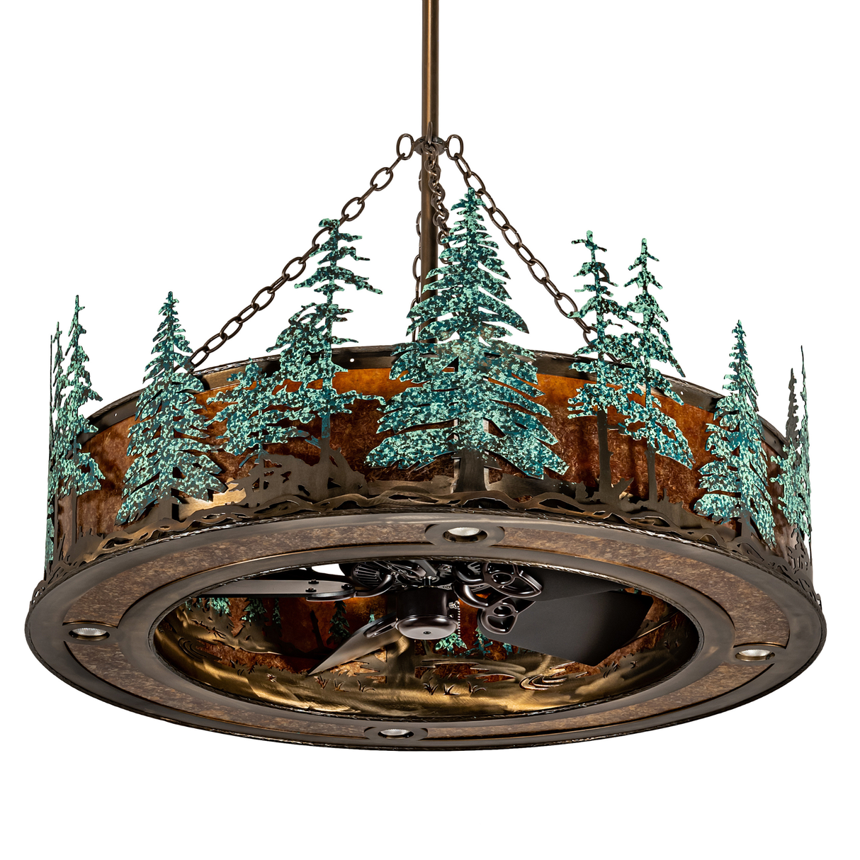 Unlit angled view of Tall Pines Chandel-Air showing pine tree detailing and bronze finish.