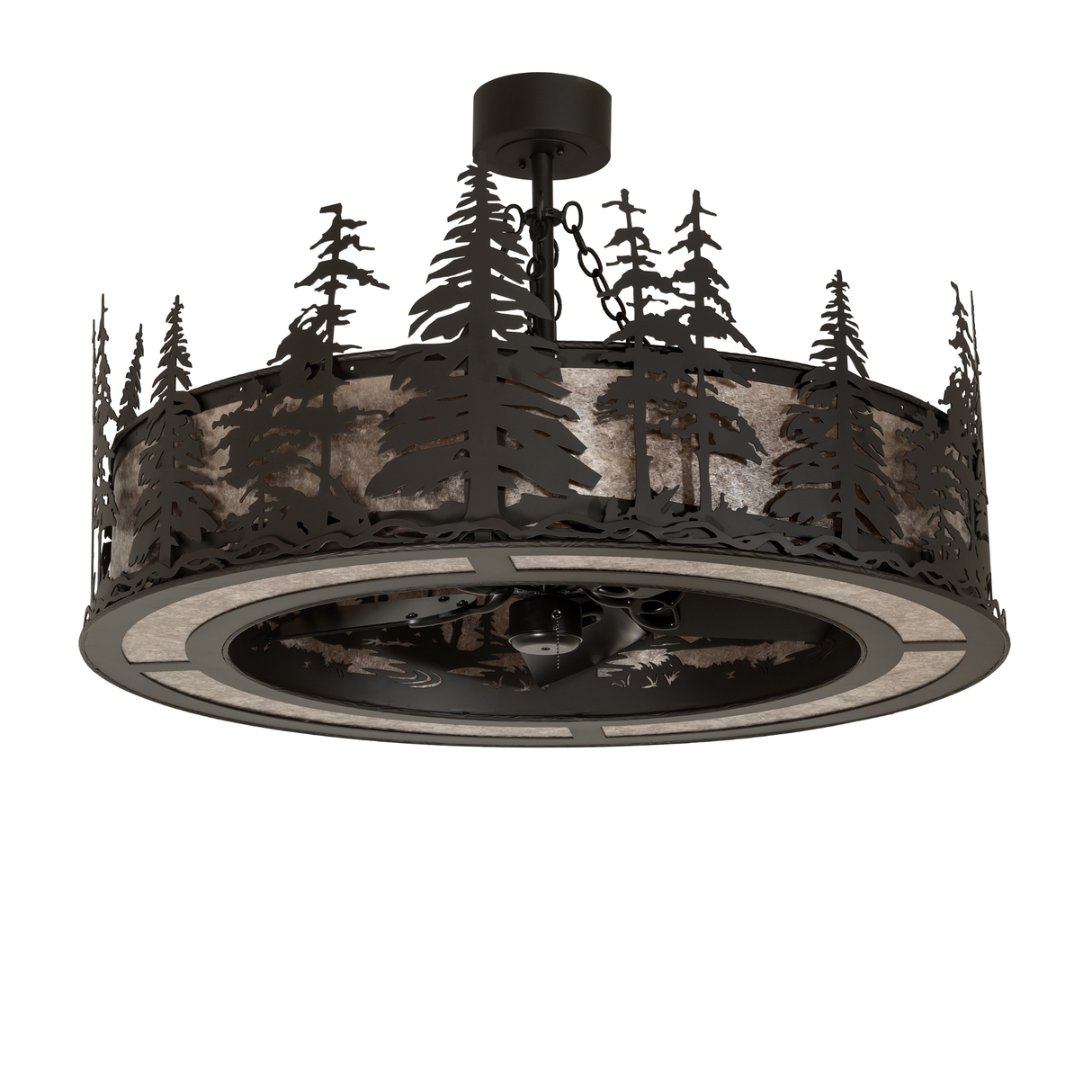Unlit view showing handcrafted pine tree pattern and detailed metalwork craftsmanship.