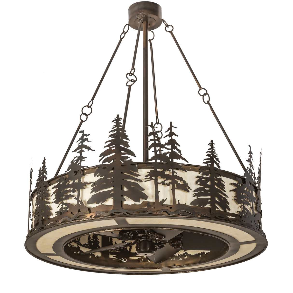 Unlit angled view showing handcrafted pine tree silhouettes and metal frame.