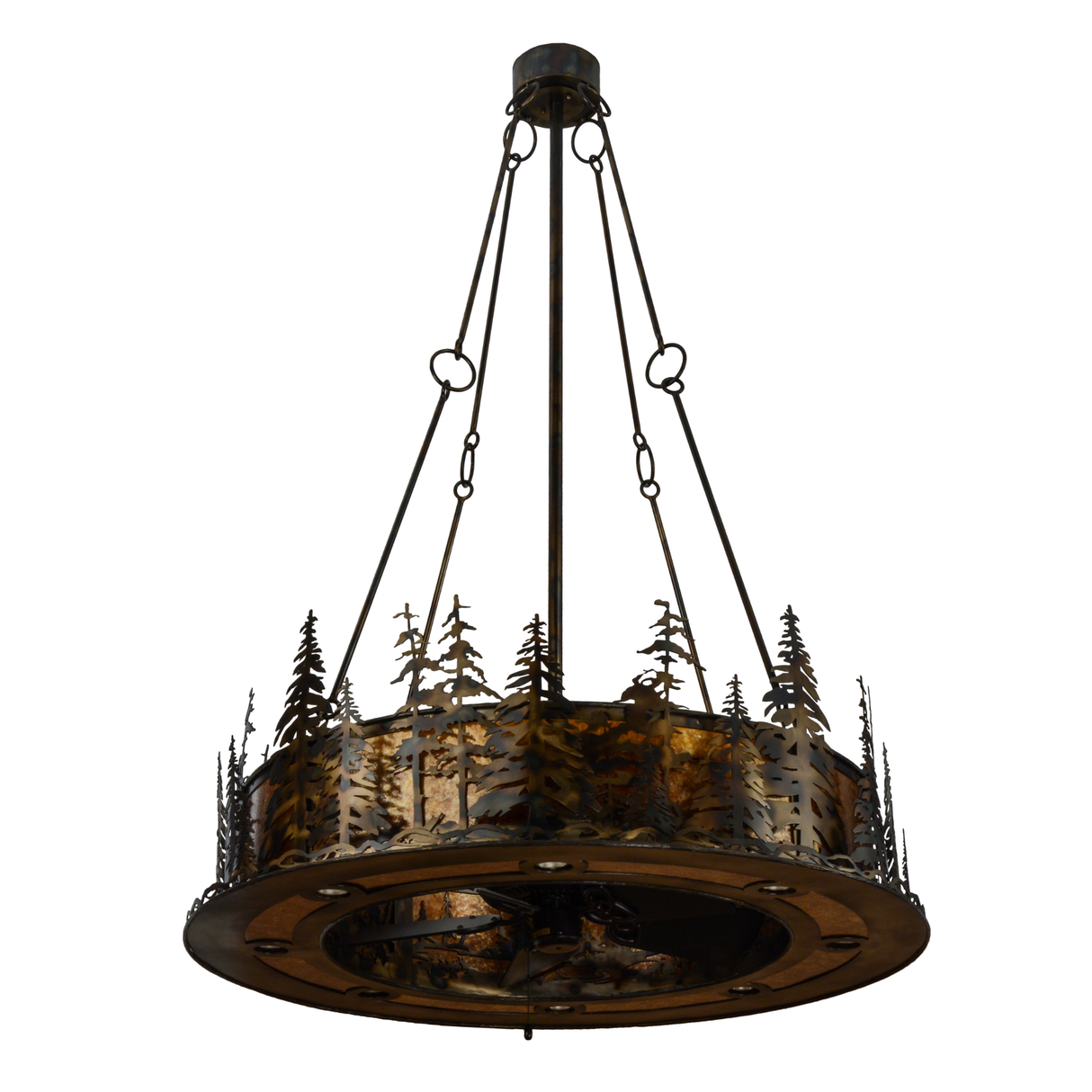 Unlit front view showing metal pine tree silhouettes and rustic frame.
