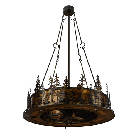 Unlit front view showing metal pine tree silhouettes and rustic frame.