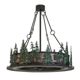 Unlit front view highlighting intricate pine tree metalwork and structure.