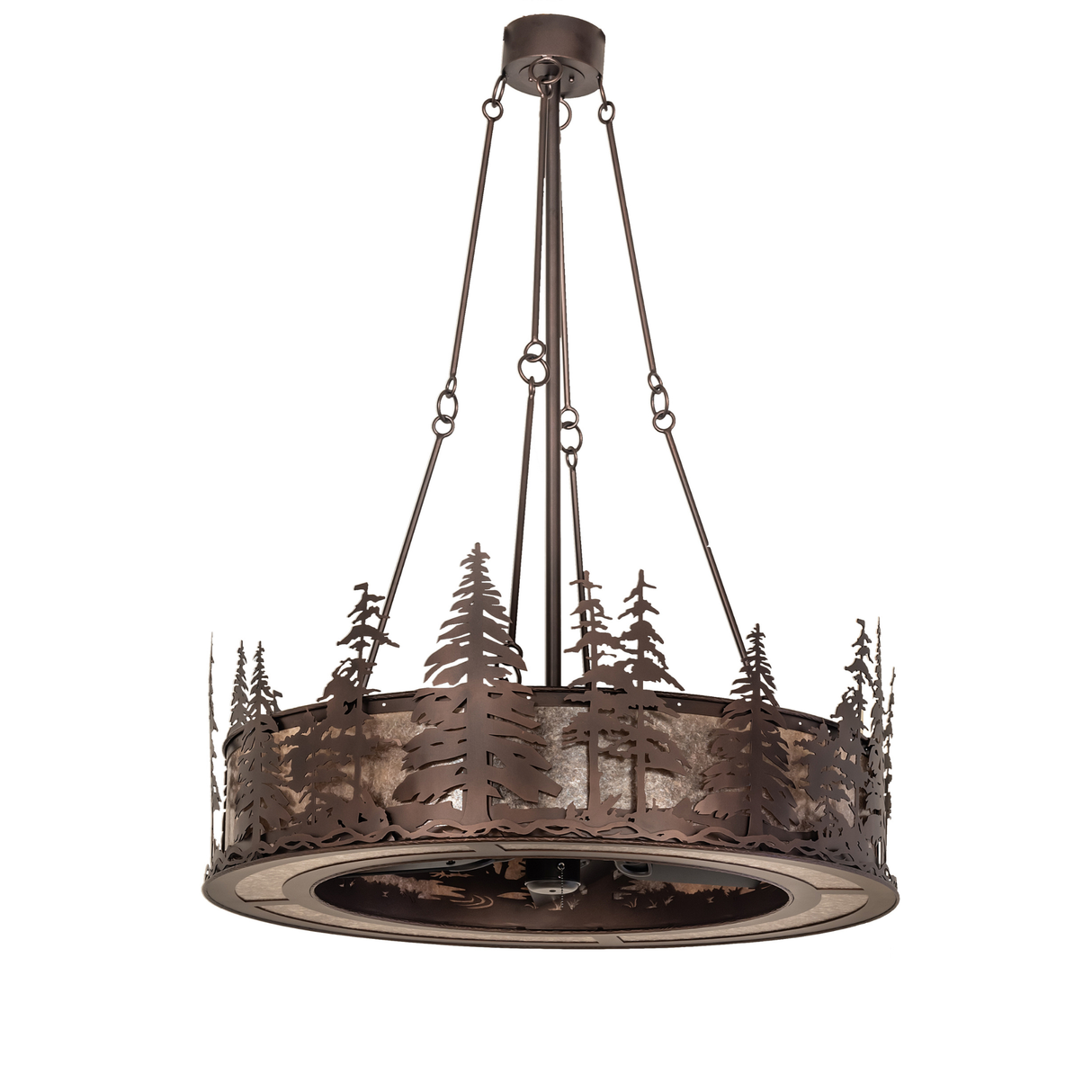 Unlit Tall Pines Chandel-Air showing detailed forest metalwork.