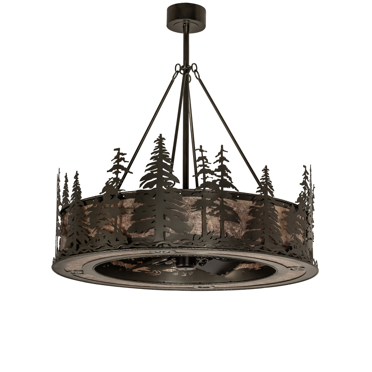 Unlit Tall Pines Chandel-Air showcasing intricate pine forest metalwork.