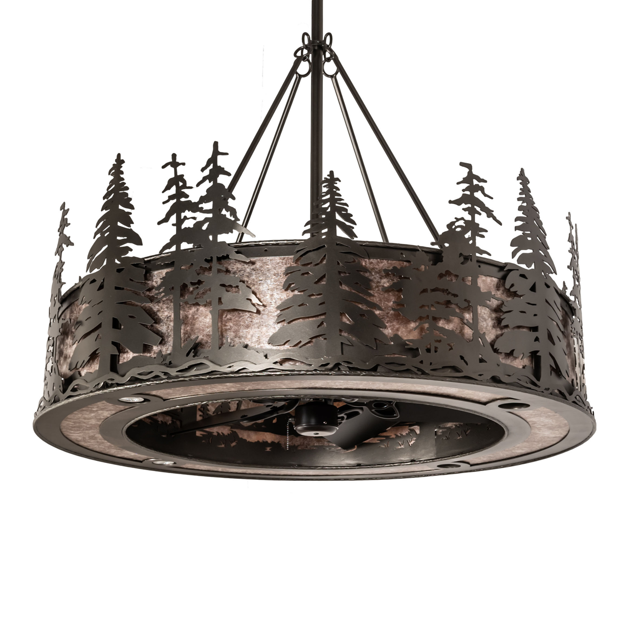 Unlit view showing pine tree metal silhouettes and bronze finish.