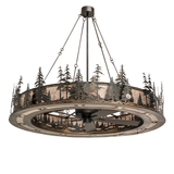 Unlit side view showing handcrafted pine tree metalwork and mica shade.