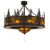 Tall Pines Chandel-Air illuminated with amber mica and forest cutouts.