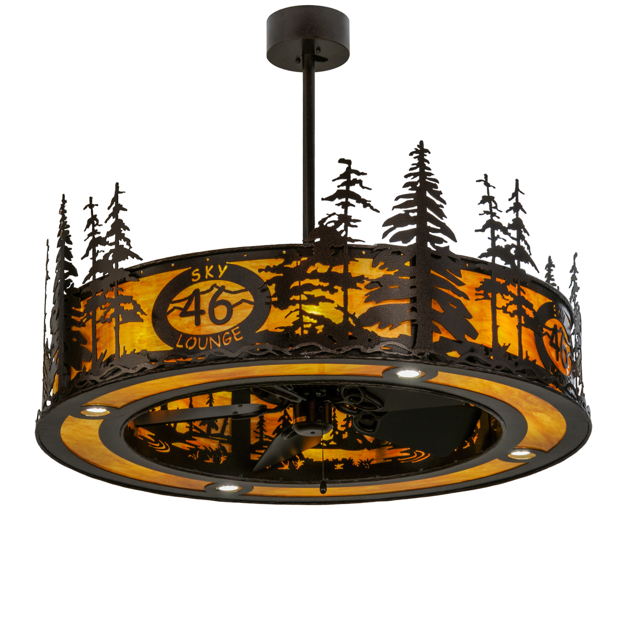 Bottom angle lit view highlighting Tall Pines cutout and Sky Lounge 46 logo.