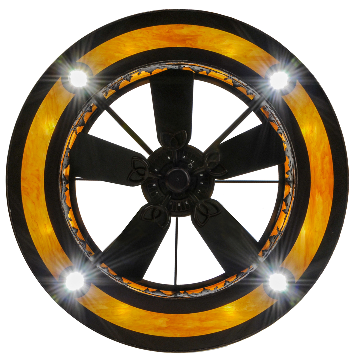 Bottom lit view highlighting fan blades and glowing amber diffuser ring.