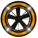 Bottom lit view highlighting fan blades and glowing amber diffuser ring.