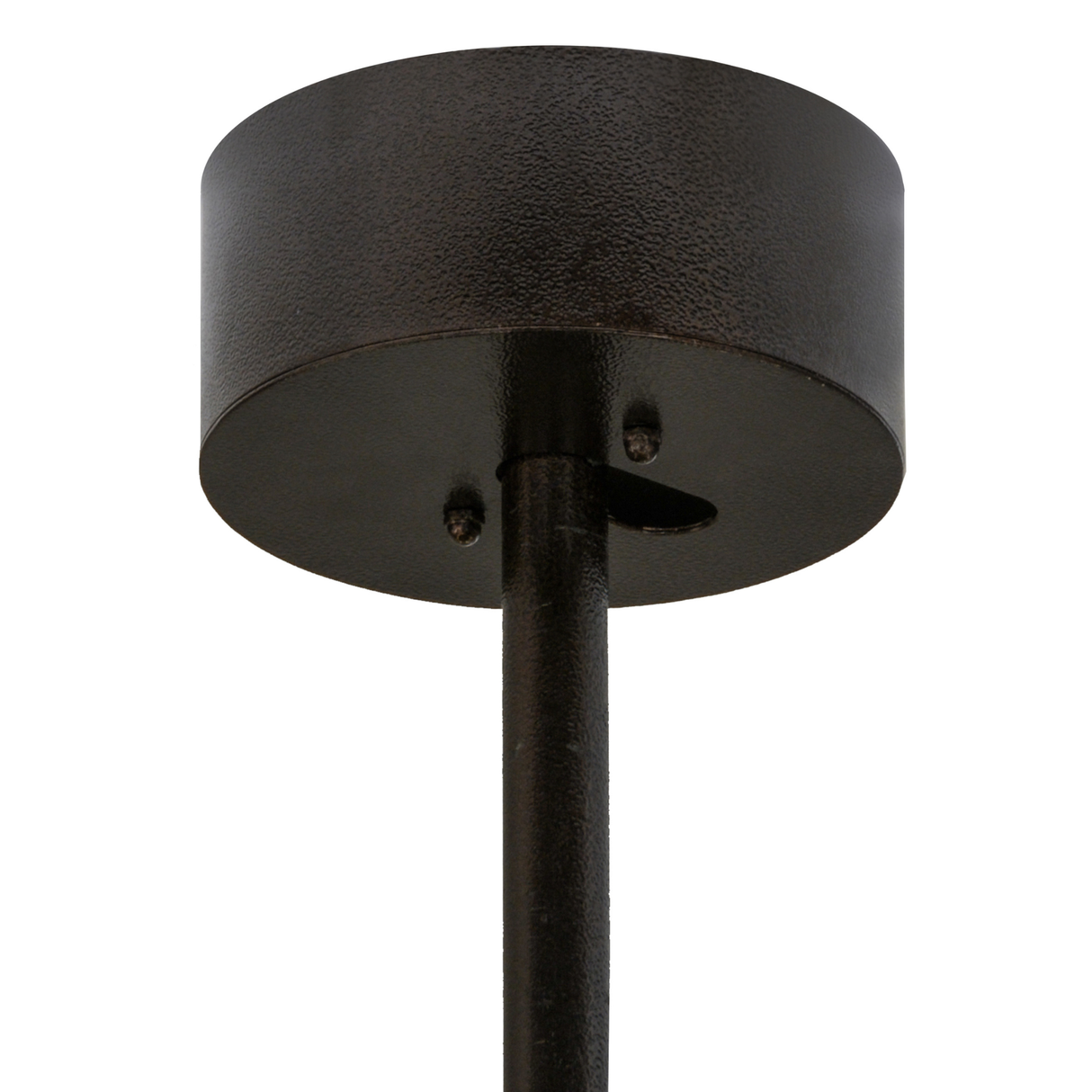 Closeup of ceiling canopy and suspension rod in bronze finish.