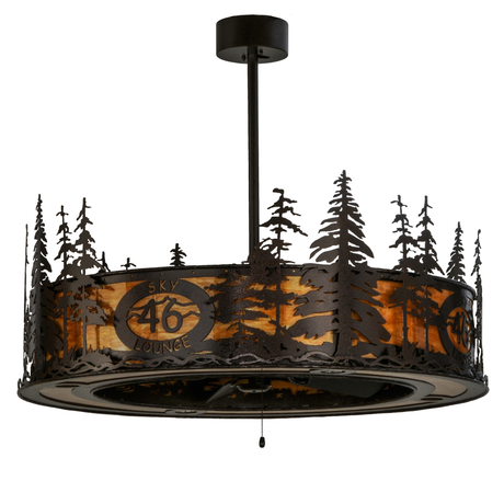 Front unlit view showing handcrafted pine silhouettes and fan design.