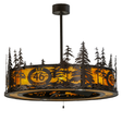 Upward front angle view highlighting pine tree silhouettes and amber diffuser glow.