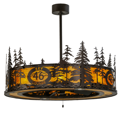 Upward front angle view highlighting pine tree silhouettes and amber diffuser glow.