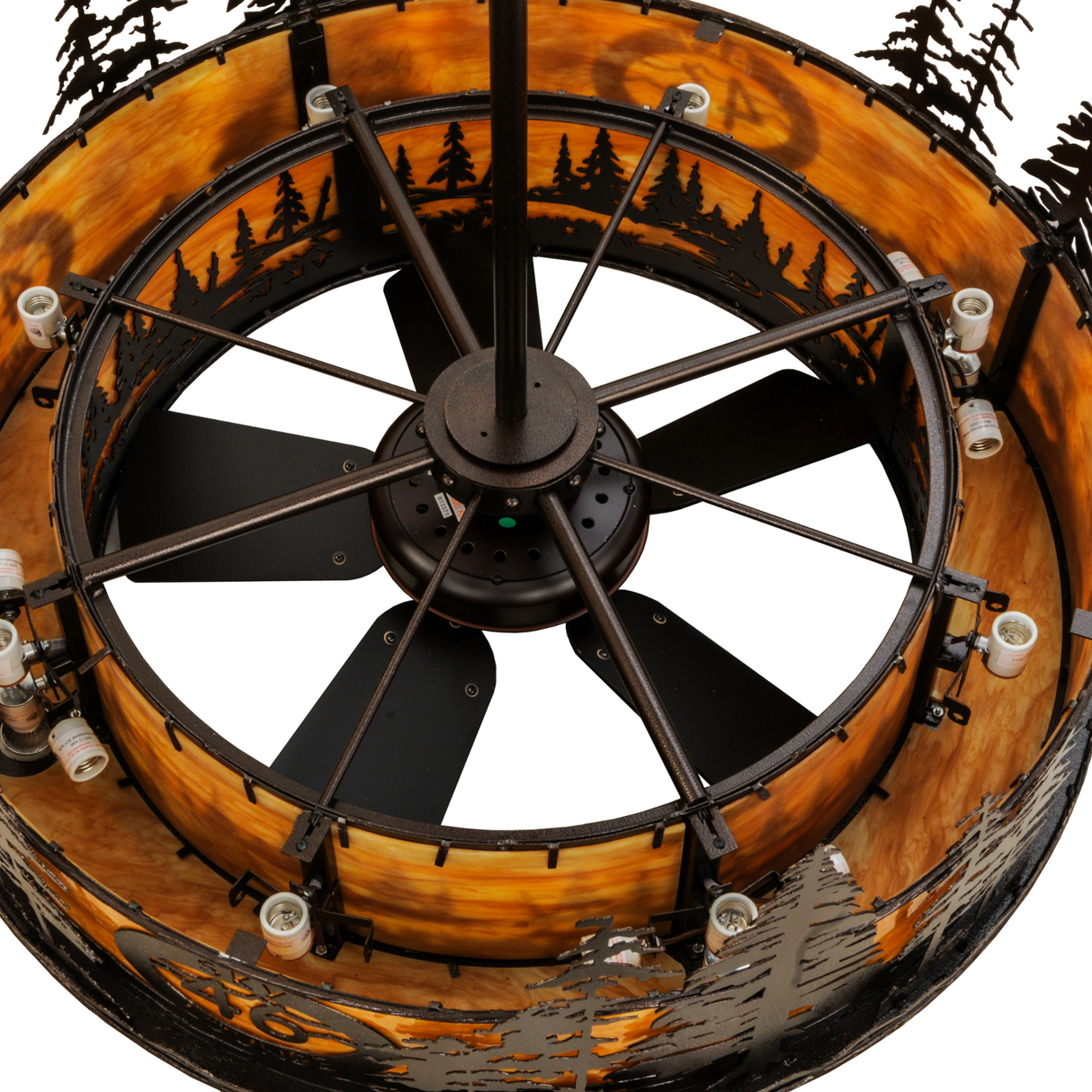 Top view showing fan assembly, bulb sockets, and forest frame details.