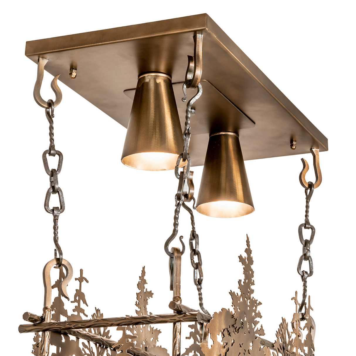 Close-up of canopy, chains, and downlights on Tall Pines pot rack chandelier