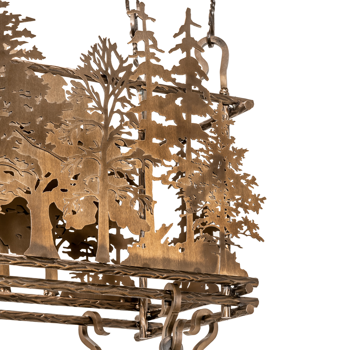 Side close-up showing intricate pine tree detailing on Tall Pines pot rack.