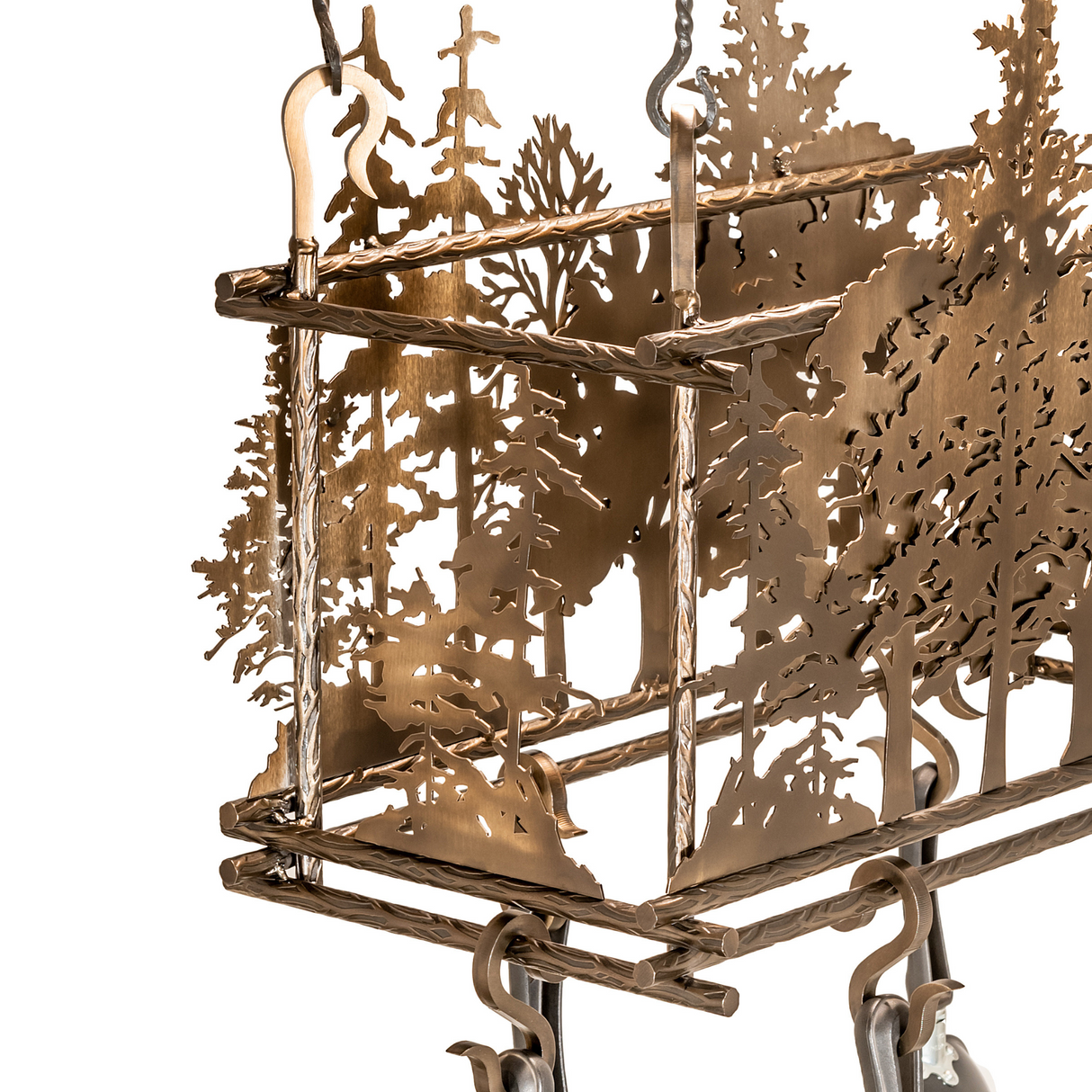 Detailed view of top frame and hooks on Tall Pines chandelier.