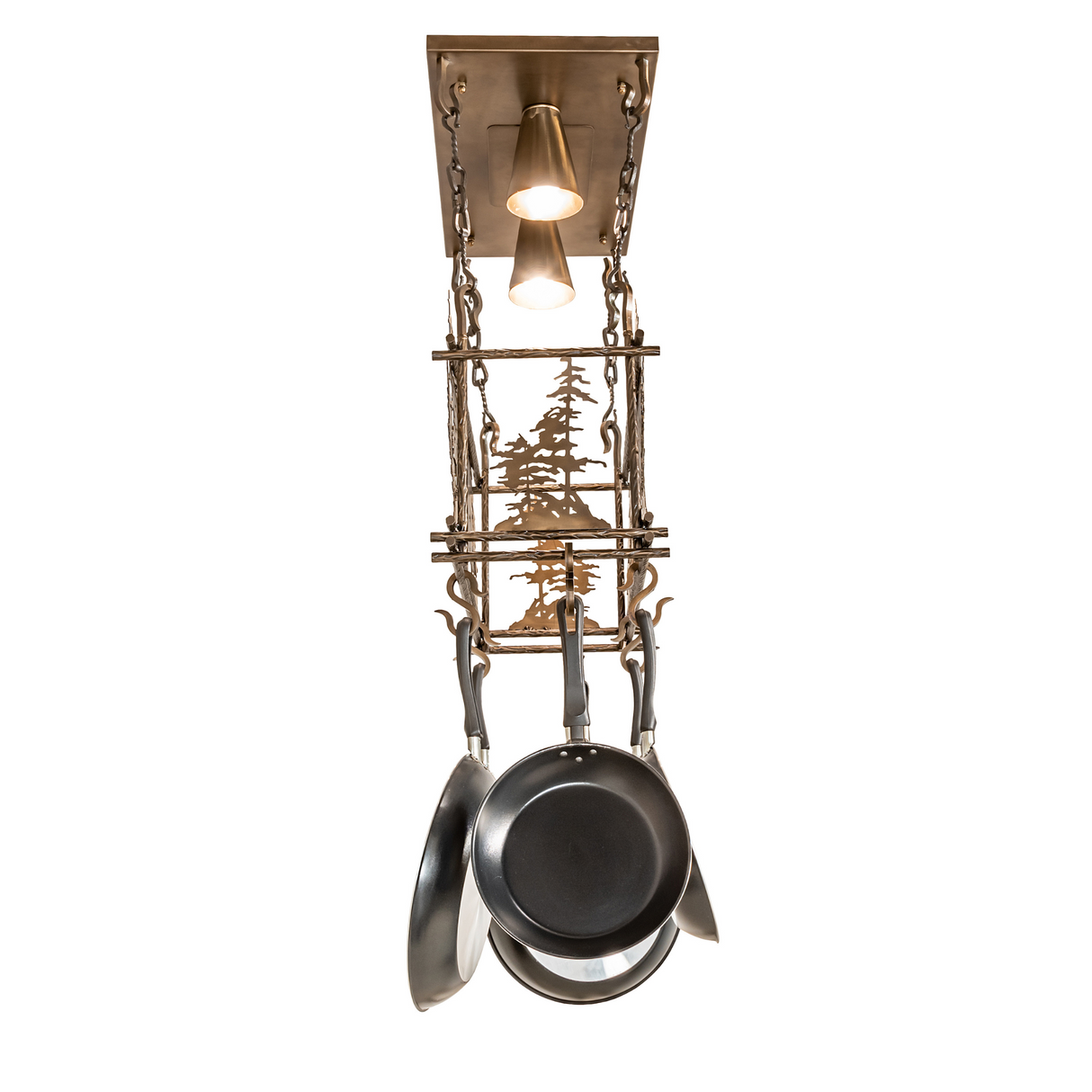 Bottom view showing illuminated bulbs of Tall Pines pot rack.