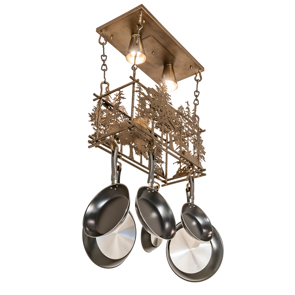 Side view of Tall Pines 2 Light Pot Rack with downlights on.