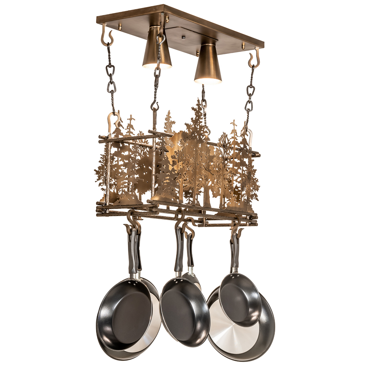 Unlit front view of 24" Long Tall Pines 2 Light Pot Rack.