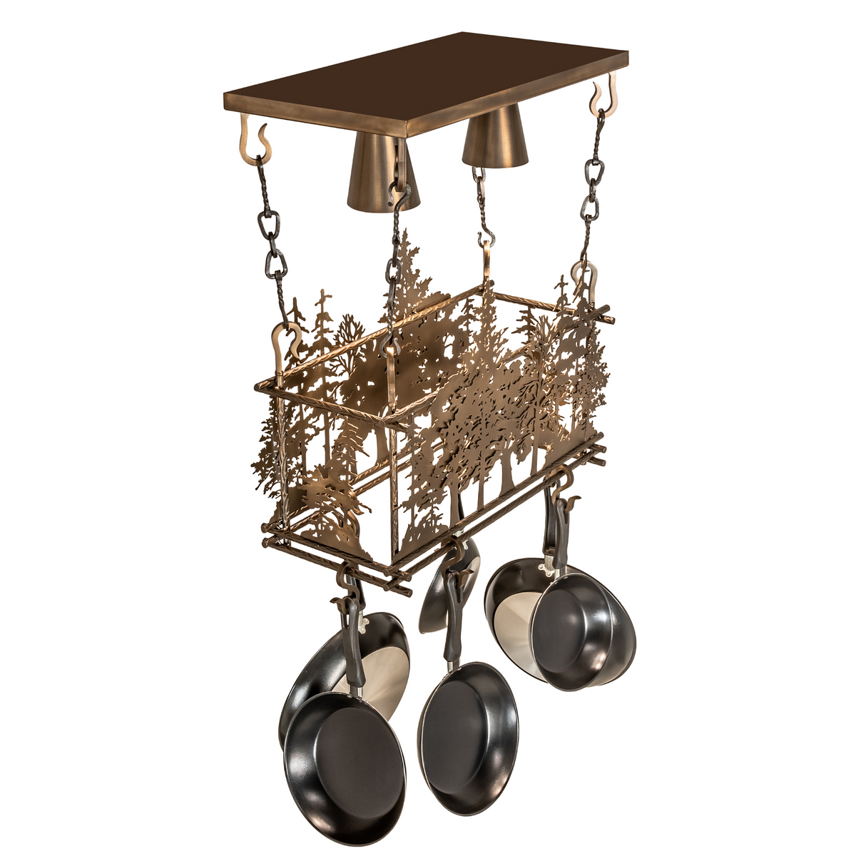 Overhead angled view of Tall Pines pot rack chandelier.