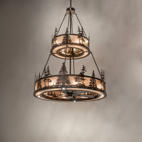 Rustic Tall Pines chandelier fan glowing against neutral wall background.