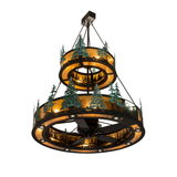 Bottom angled lit view featuring the fan blades and inner forest design.