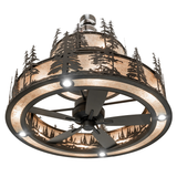 Bottom angled lit view revealing fan blades and illuminated mica rings.