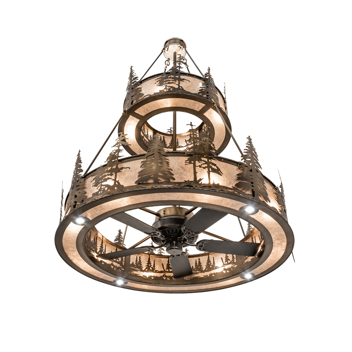 Bottom lit view showing dual mica tiers, pine silhouettes, and ceiling fan design.