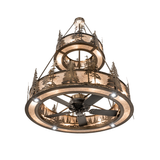 Bottom lit view showing dual mica tiers, pine silhouettes, and ceiling fan design.