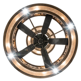 Bottom view of fan blades framed by glowing mica panels.