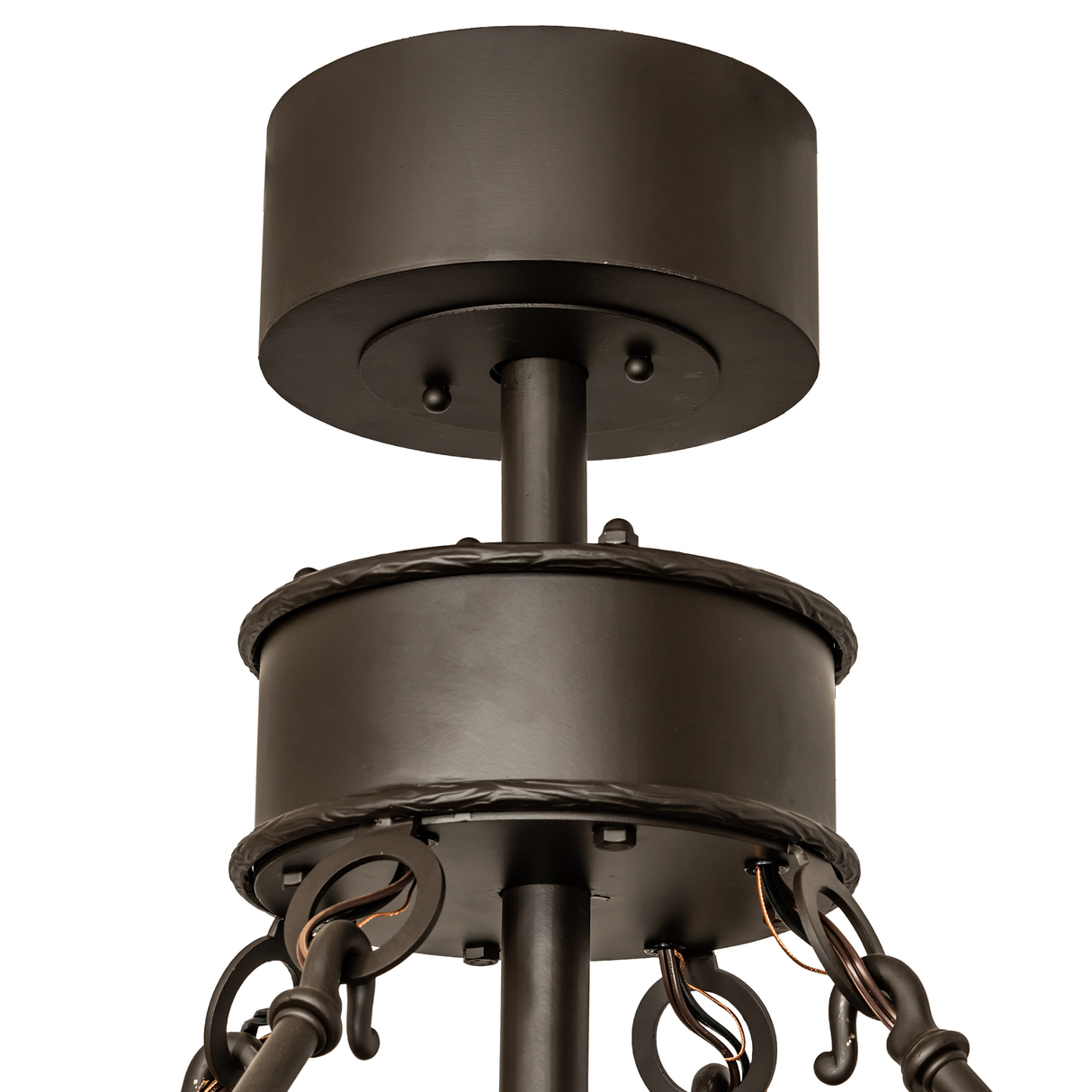 Ceiling canopy closeup with hanging rods and bronze finish of the Tall Pines Chandel-Air.