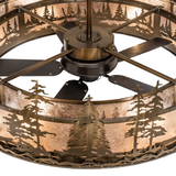 Upper tier detail showing layered pine cutouts and antique copper finish.