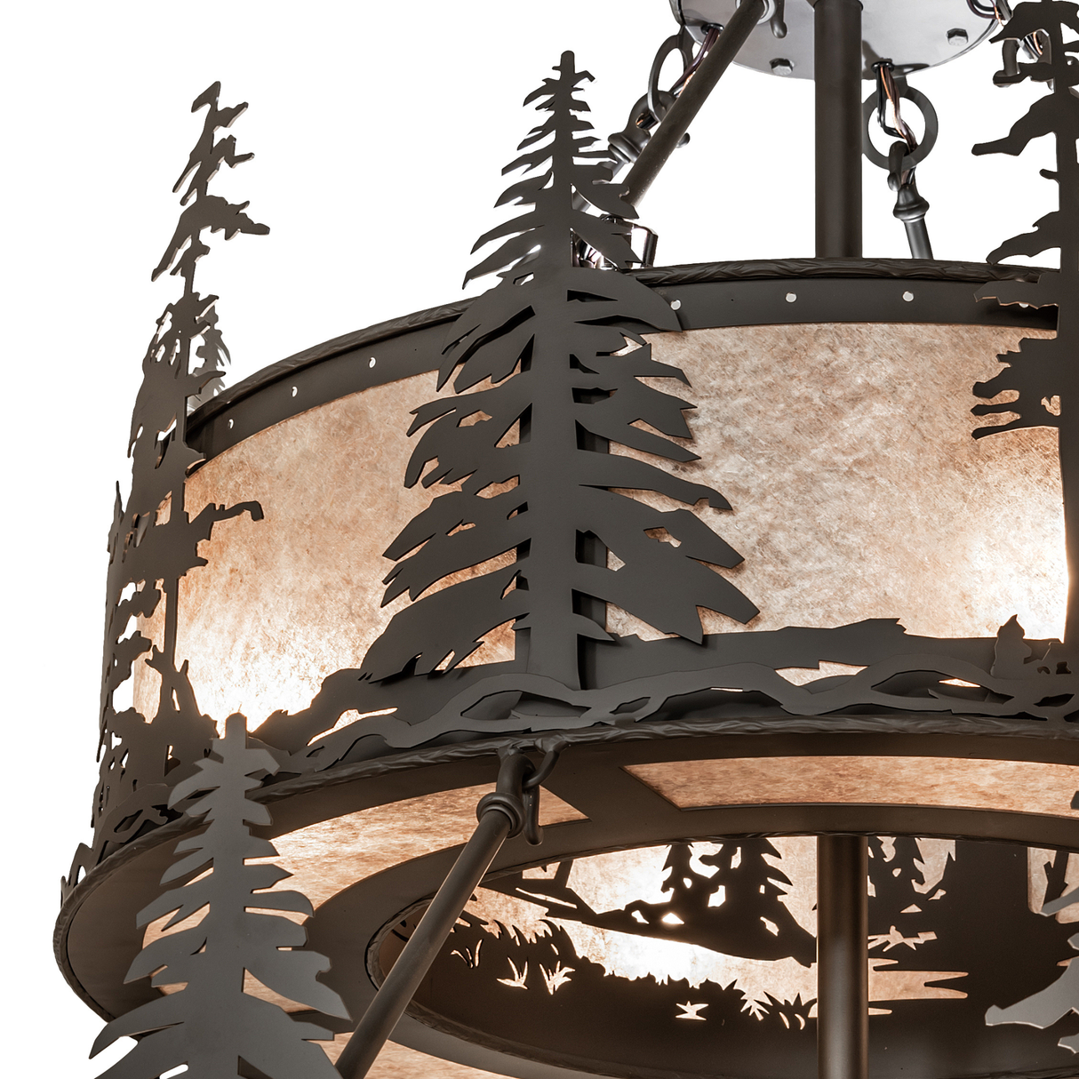 Closeup of pine cutouts and mica texture accenting the handcrafted frame.