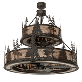 Front unlit view showing rustic bronze finish and pine tree cutouts against mica panels.