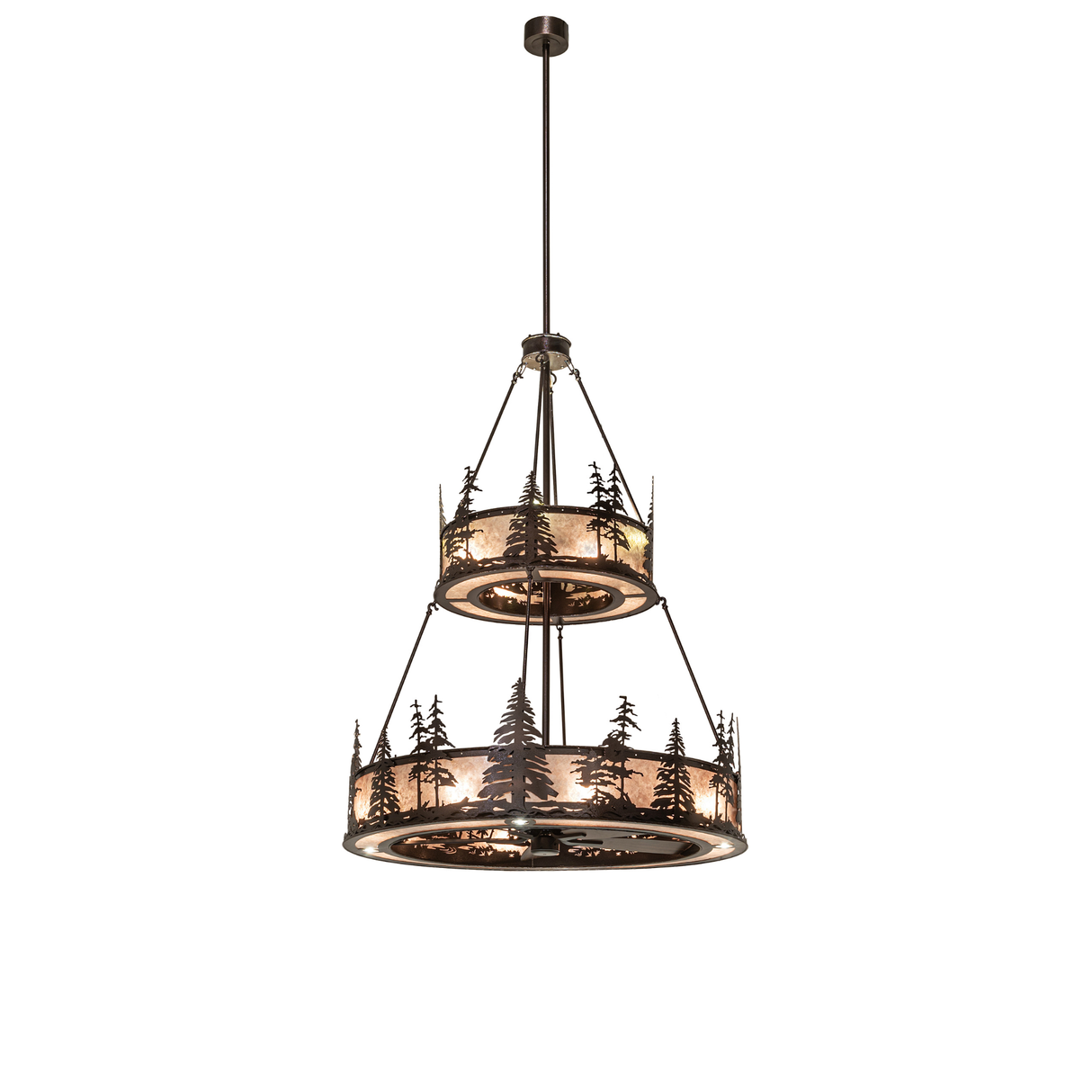 Full hanging view of Tall Pines two-tier chandelier in warm light.
