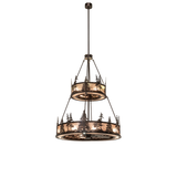 Full hanging view of Tall Pines two-tier chandelier in warm light.
