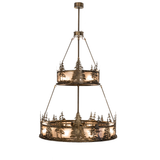 Full view showing layered mica panels and double chandelier tiers.