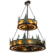 Tall Pines Two Tier Chandel-Air with glowing amber mica diffusers and pine tree silhouettes.