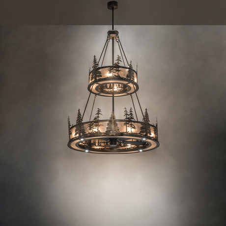 Lit chandelier fan creating soft woodland glow in room ambiance.