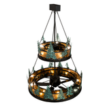 Top lit view highlighting dual-tier amber mica rings and pine forest silhouettes.