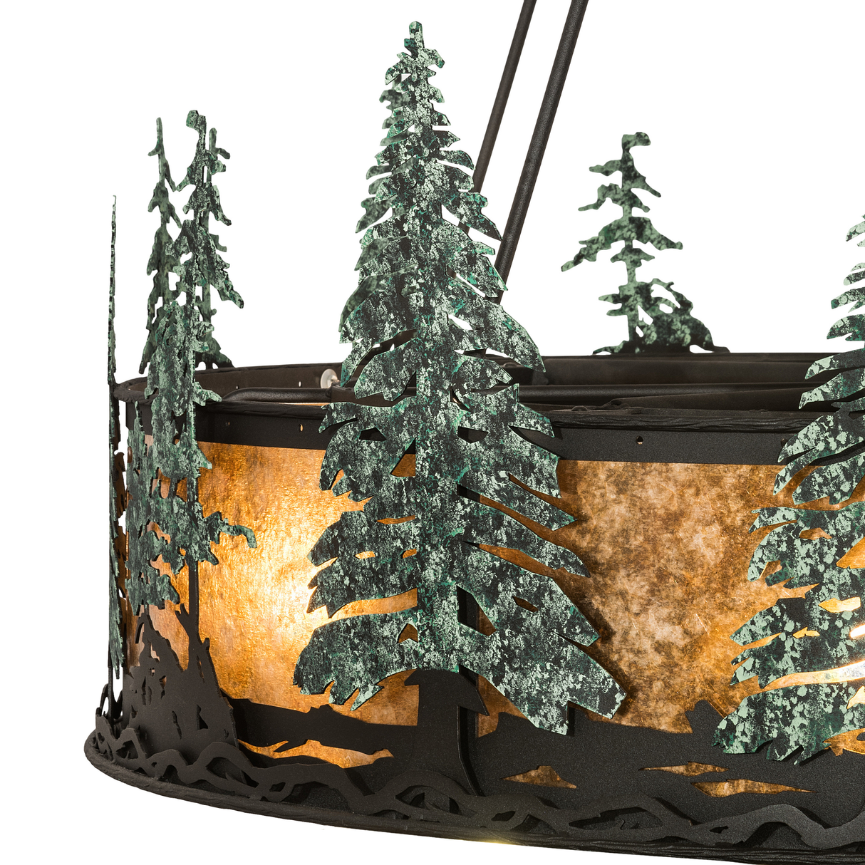 Close-up detail of hand-painted green pine trees and mica background on Tall Pines Chandel-Air.