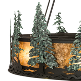 Close-up detail of hand-painted green pine trees and mica background on Tall Pines Chandel-Air.