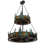 Unlit angled view showing forest-themed metalwork and handcrafted pine tree accents.