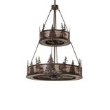 Unlit Tall Pines two-tier chandelier showing metal pine cutouts.