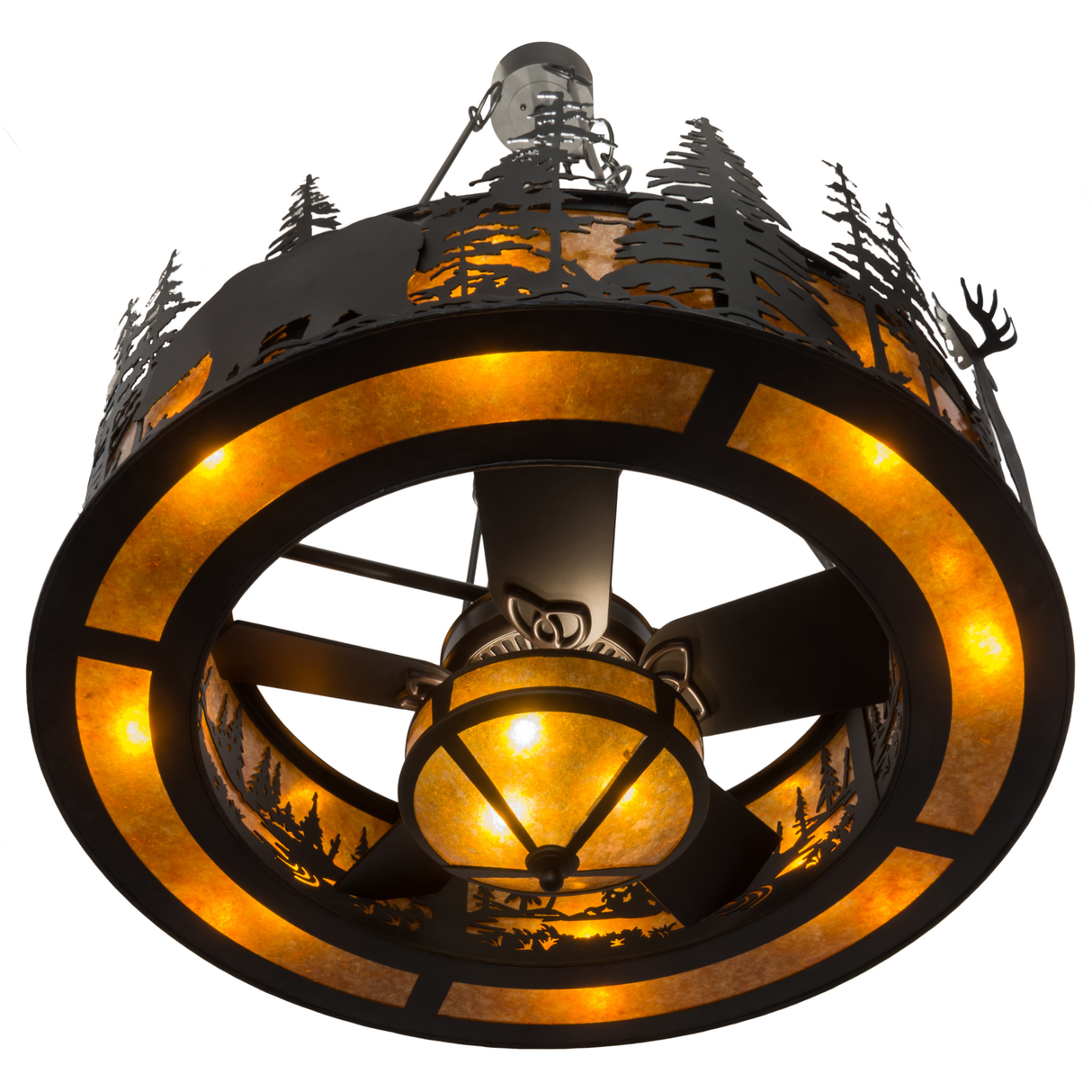 Bottom angled lit view featuring glowing mica panels and forest cutout design.
