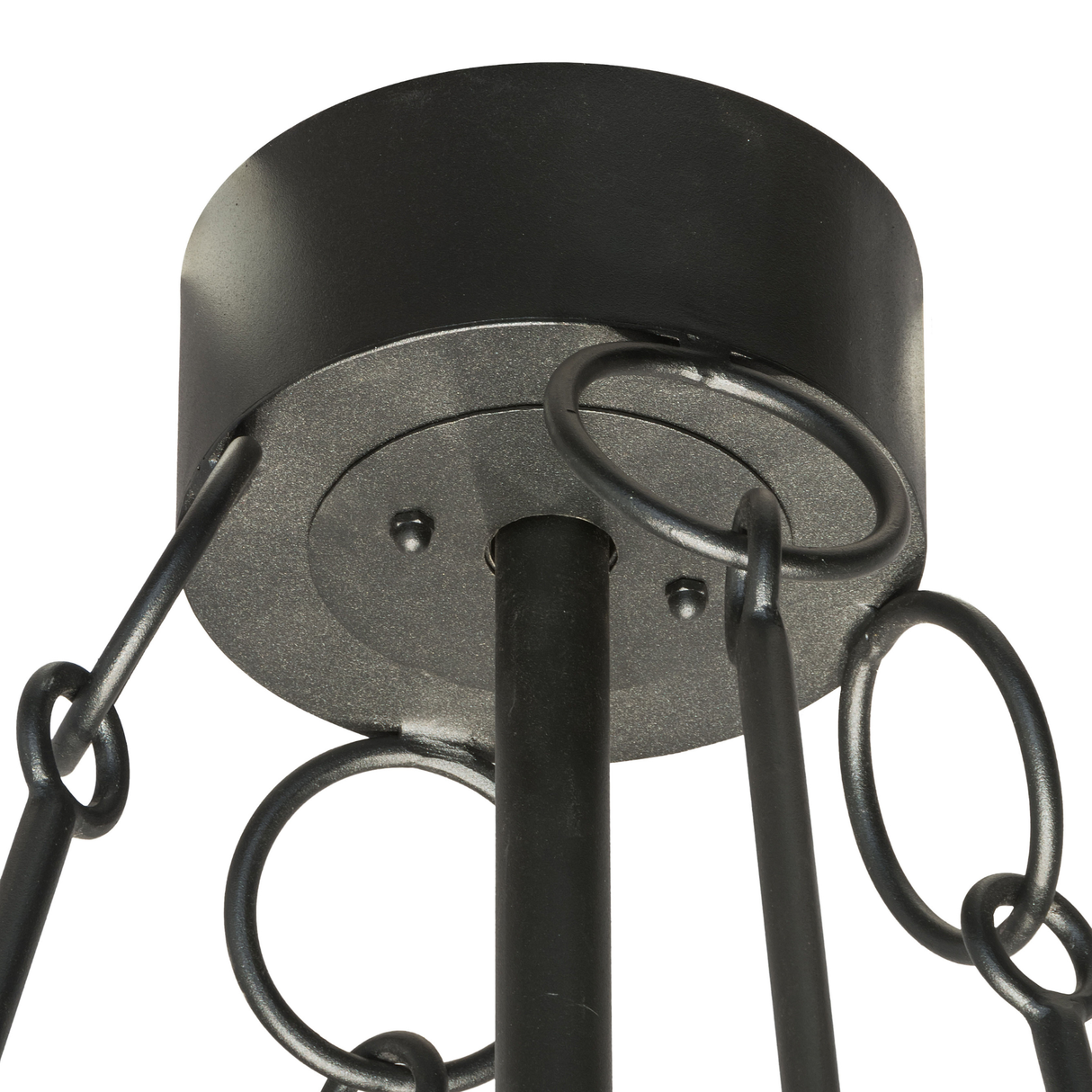 Close-up of ceiling canopy and suspension rings in Textured Black finish.