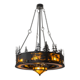 Full hanging lit view displaying woodland pattern and amber illumination.