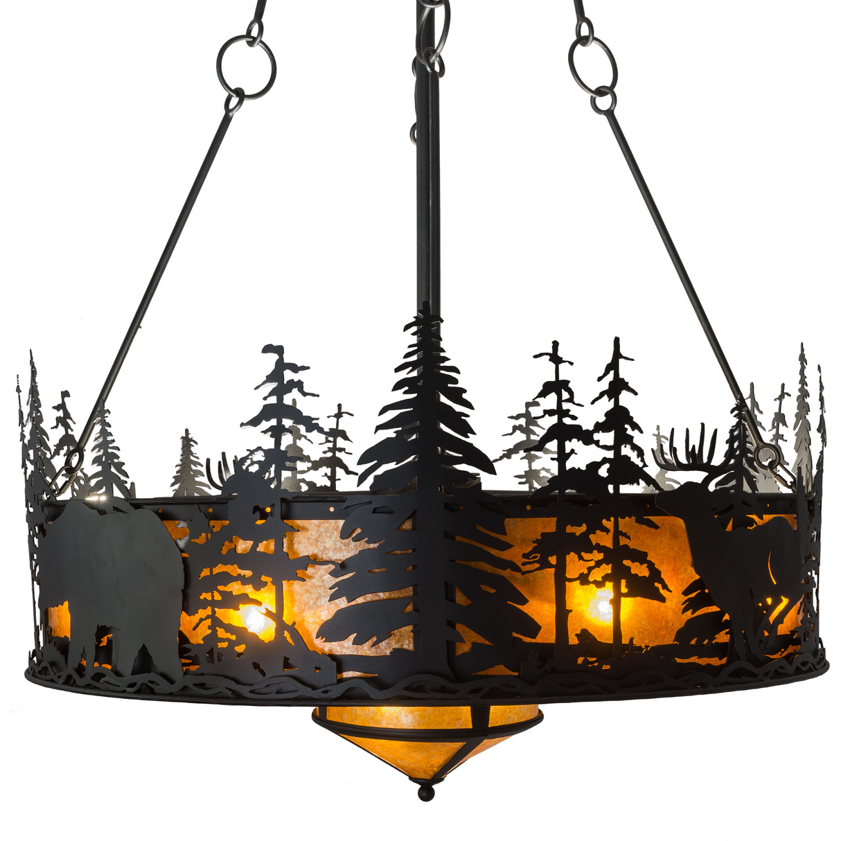 Side lit view showcasing bear and deer figures among pine trees.